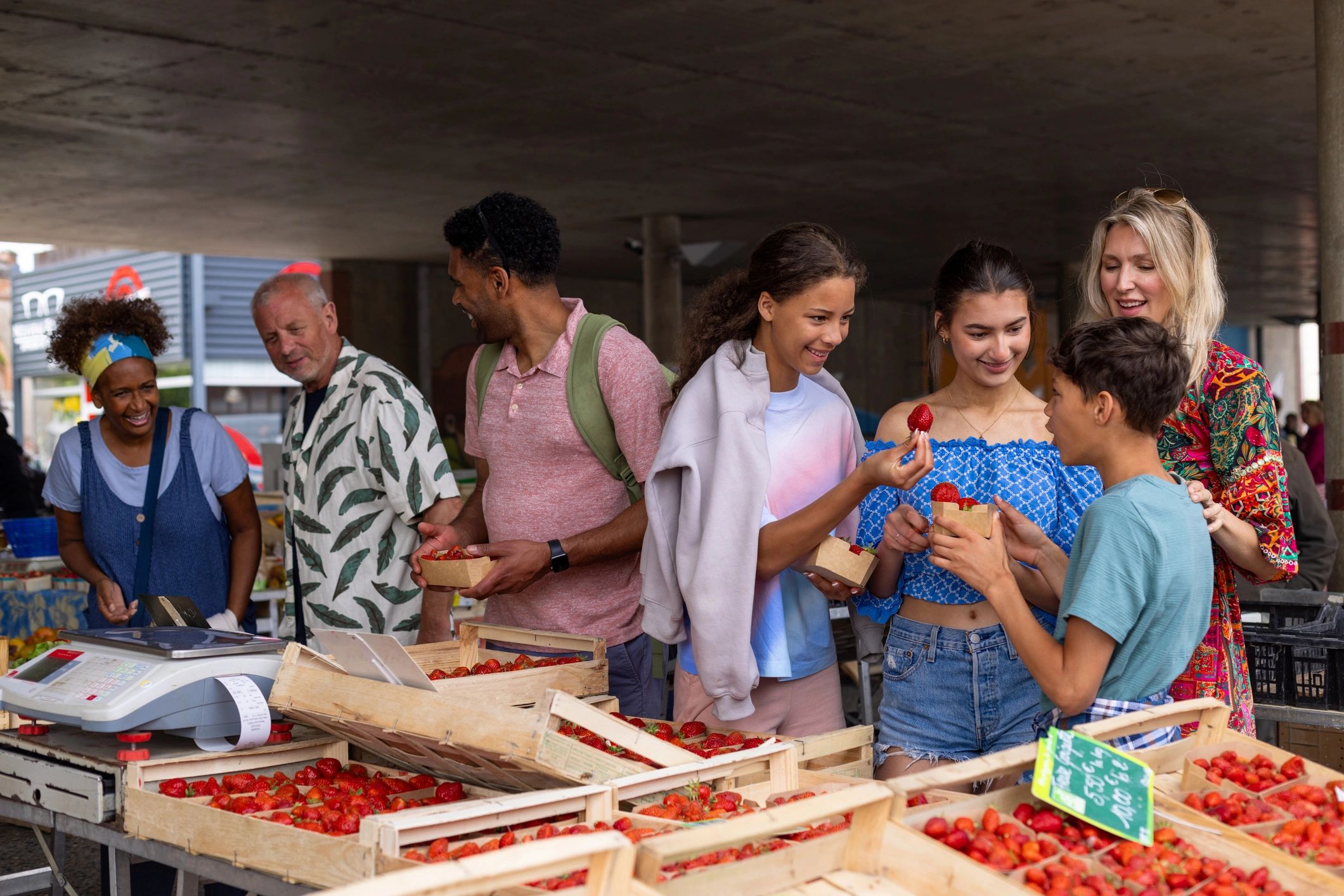 Family shopping for fresh strawberries at a market